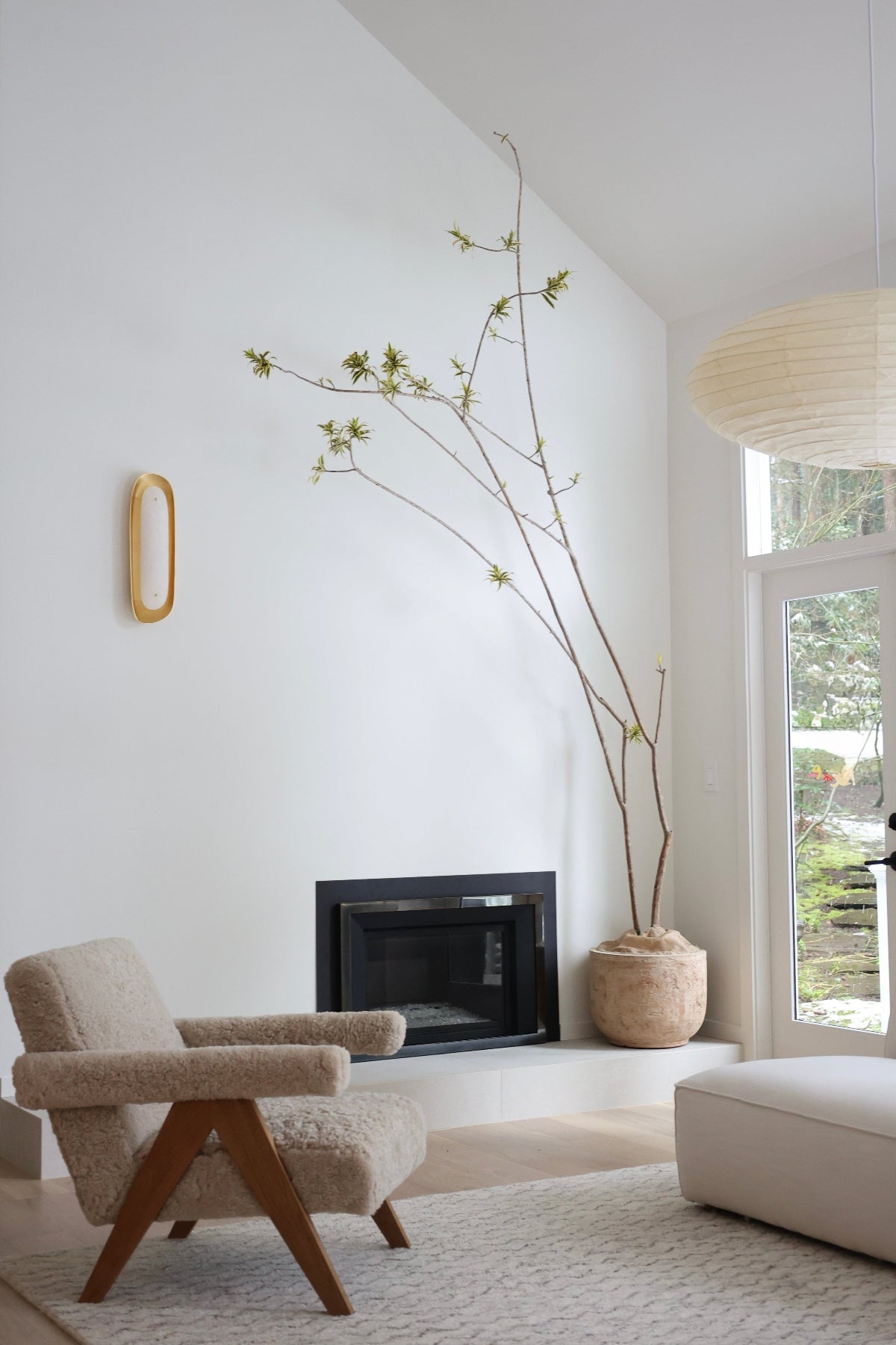 Modern living room with a fireplace, armchair, and pleomele Song of India.